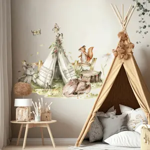 Samolepka na zeď Woodland - Teepee stan a lesní zvířátka