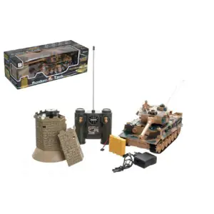 Tank RC plast 33cm + otočná věž na baterie+dobíjecí pack se zvukem a světlem v krabici 51x17x19cm