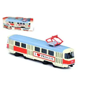 Tramvaj česká kovová 16cm retro na zpětný chod v krabičce 20x8xCZ design